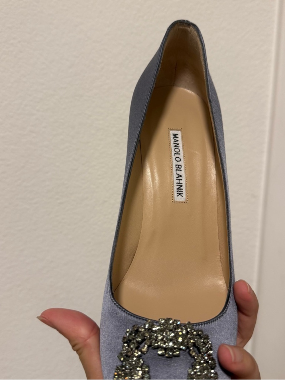 Manolo Blahnik Gray Satin Hangisi Jewel Buckle Heels - Picture 11 of 12